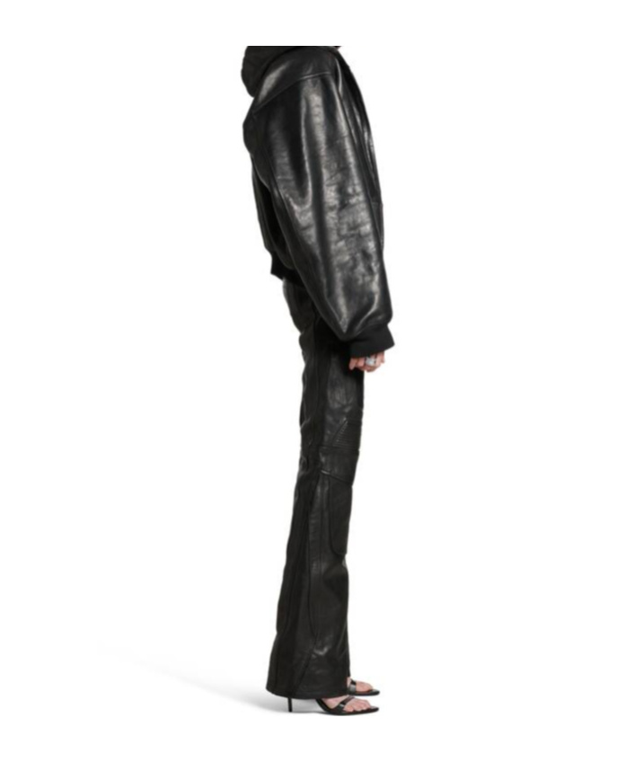 Balenciaga Leather Hooded Bomber Jacket In Black