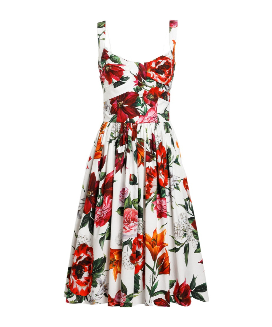 Dolce & Gabbana Multicolor Midi Dress With Wide Neckline And All-over Floral Print In Multi