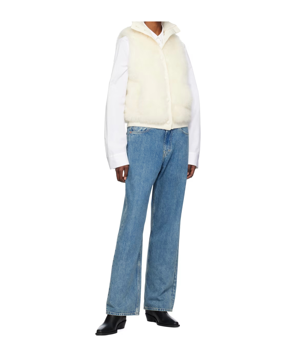 Yves Salomon Lambskin And Fur Vest With Ribbed Collar And Button Closure In White