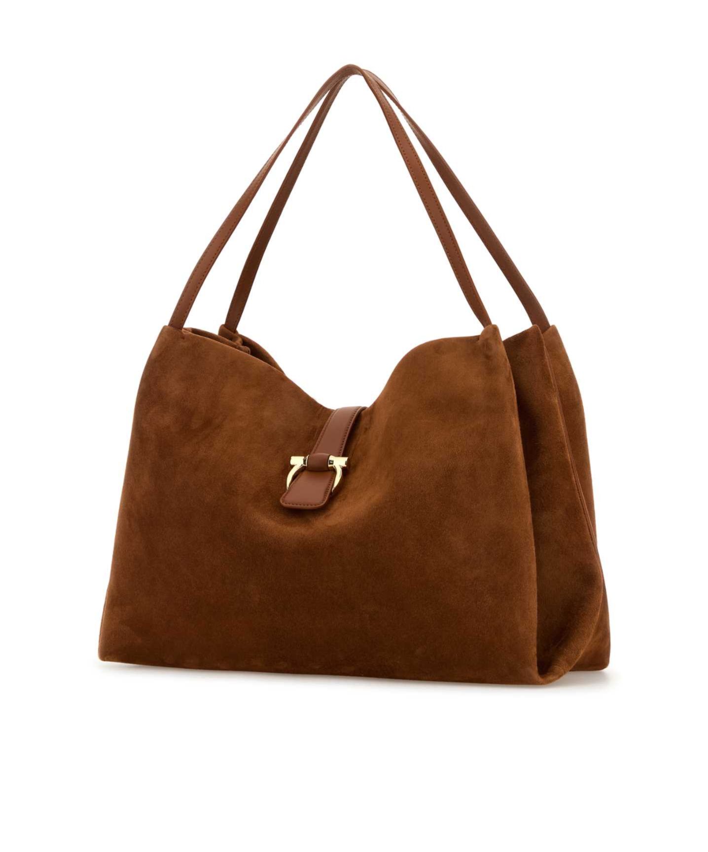 Ferragamo Brown Shoulder Bag With Two Top Handles And Gancini Plaque On The Front In Suede Woman In Brown