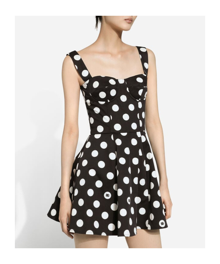 Dolce & Gabbana Black And White Corset Minidress With Polka-dots Print In Cotton Drill Woman In Black