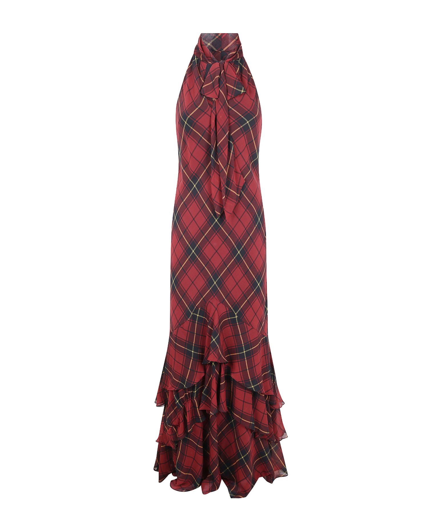 Ralph Lauren Lauren  Plaid Georgette Tiered Tie-neck Gown In Multi