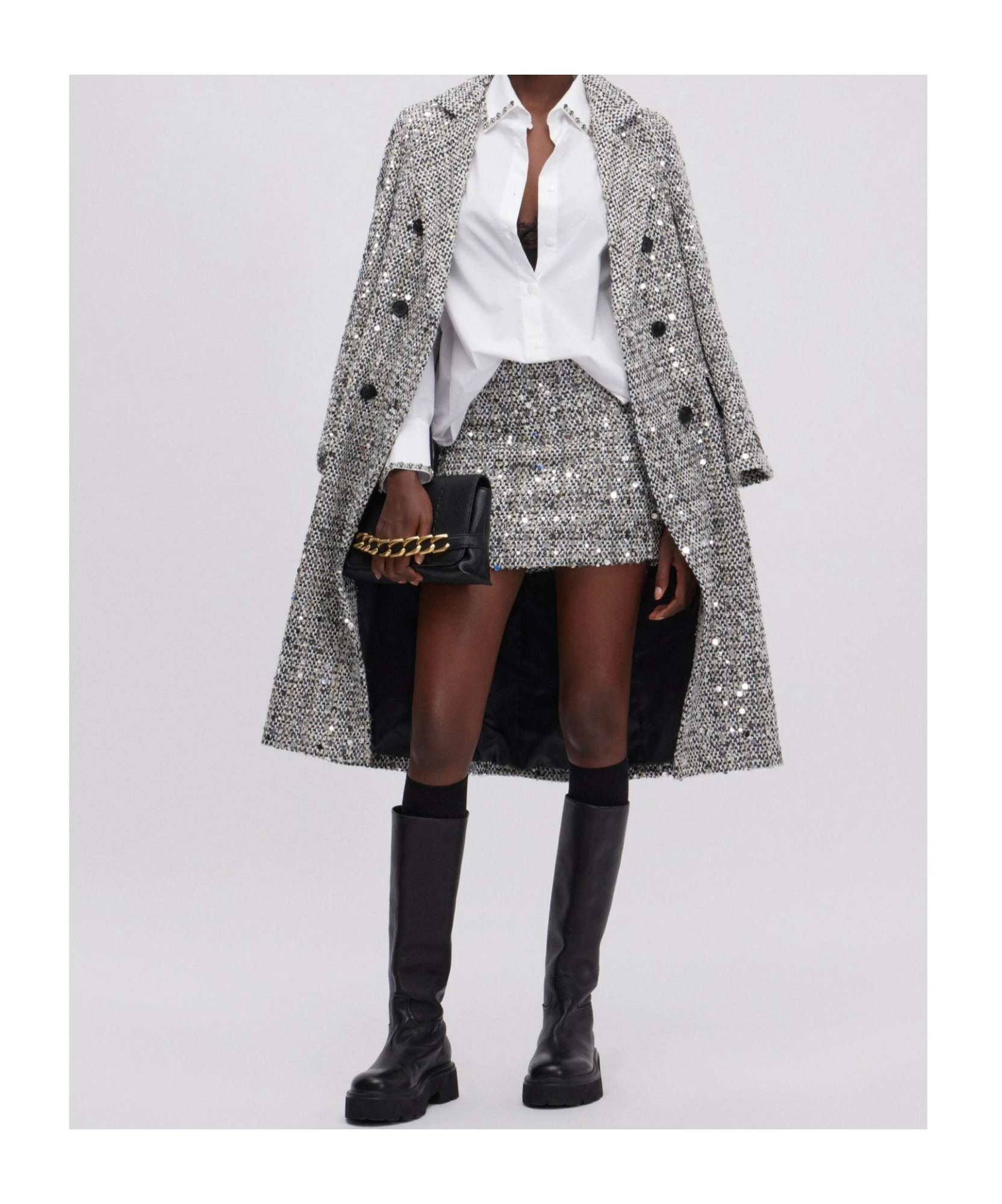 Ermanno Firenze High-waisted Grey Tweed Miniskirt With Trapezoid Silhouette In Silver