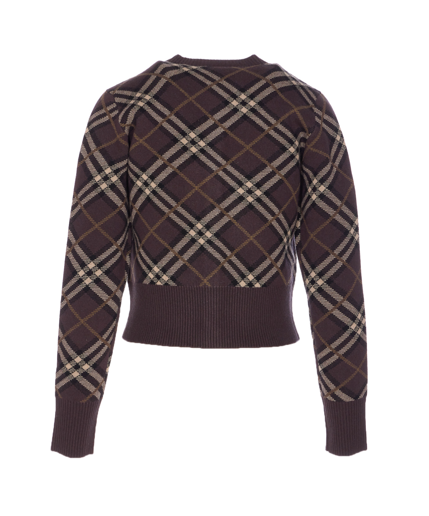 Burberry Long Sleeve Cardigan With Check Motif And Crewneck In Brown