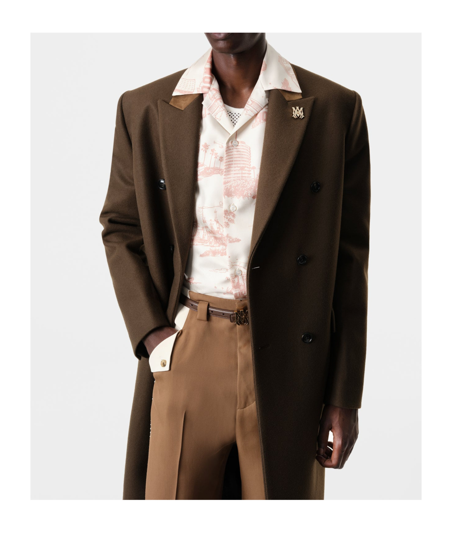 Amiri Wool Blend Double-breasted Coat With Suede Collar For Men In Brown