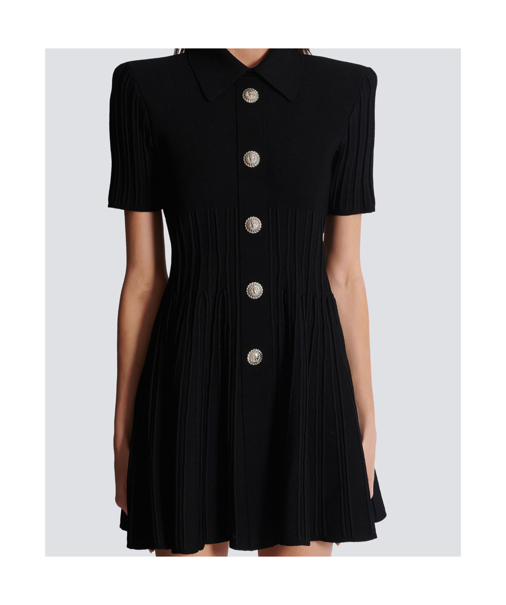 Balmain Short-sleeve Button-front Ribbed Knit Mini Shirtdress In Black