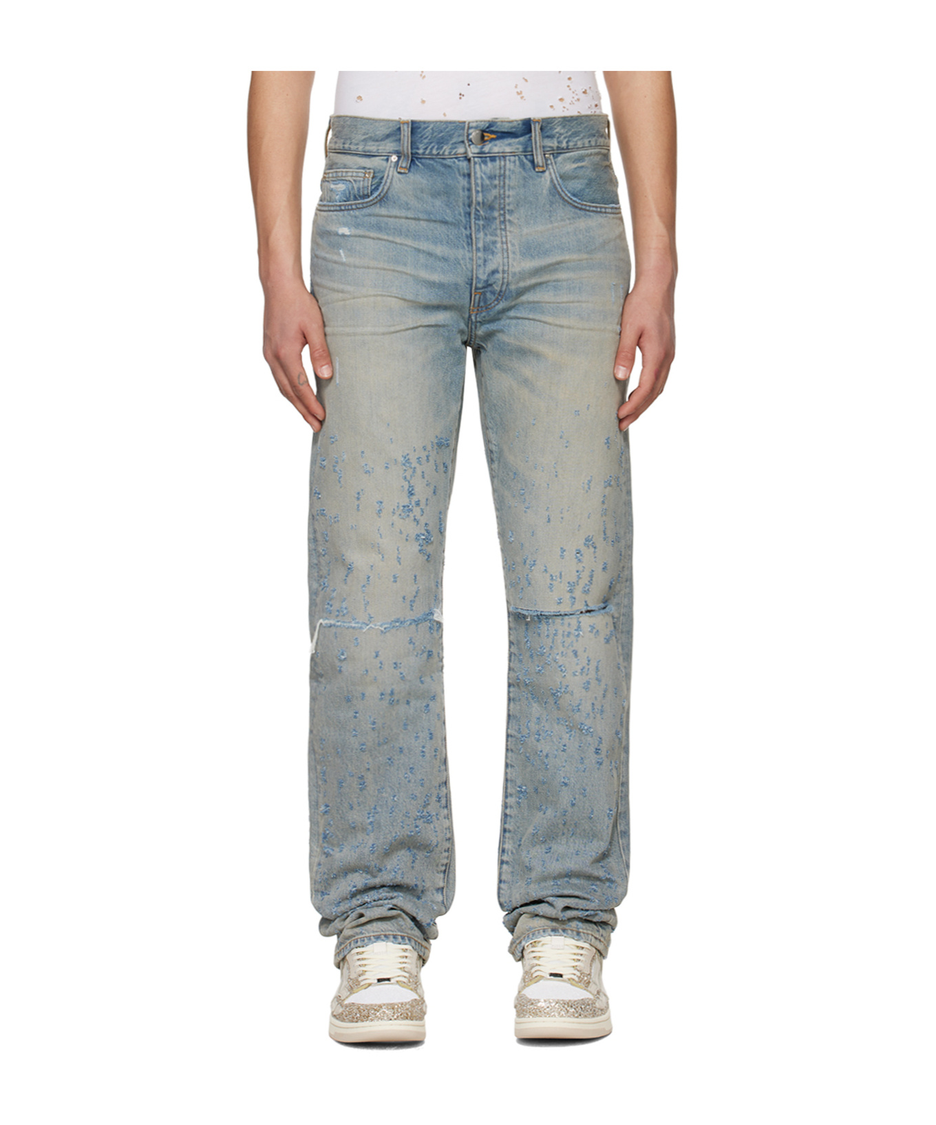 Amiri Light Blue Destroyed Straight Jeans With Cut-out In Cotton Denim Man In Gray