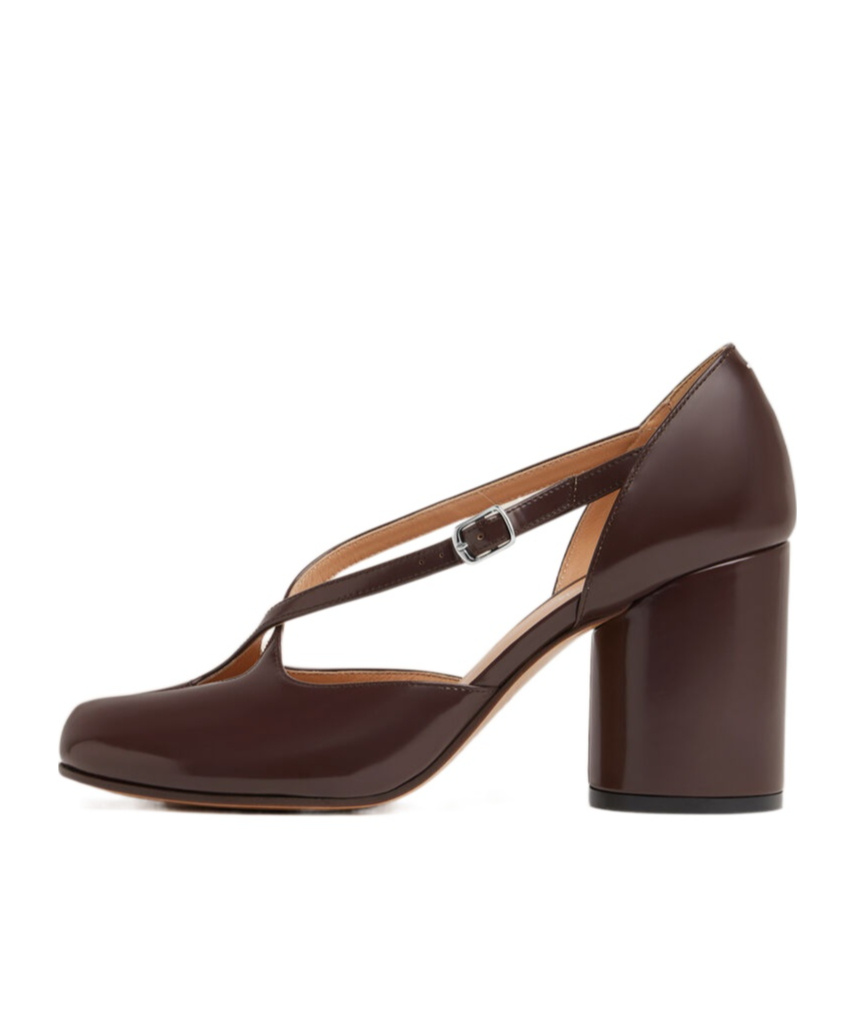 Maison Margiela Chocolate Leather Tabi Pumps With Crisscross Strap Detail In Brown