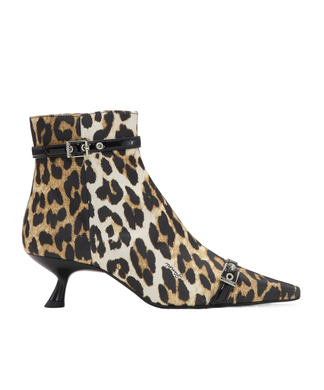 Shop Ganni Leopard Satin Eyelets Kitten Heel Boots In Black