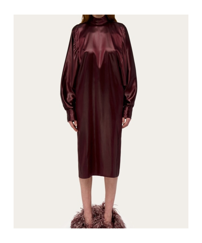 Shop Ferragamo Salvatore High-neck Long-sleeved Satin Dress In Red