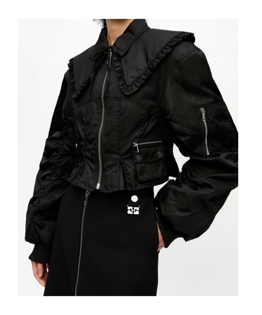GANNI BLACK DUCHESSE NYLON FITTED JACKET