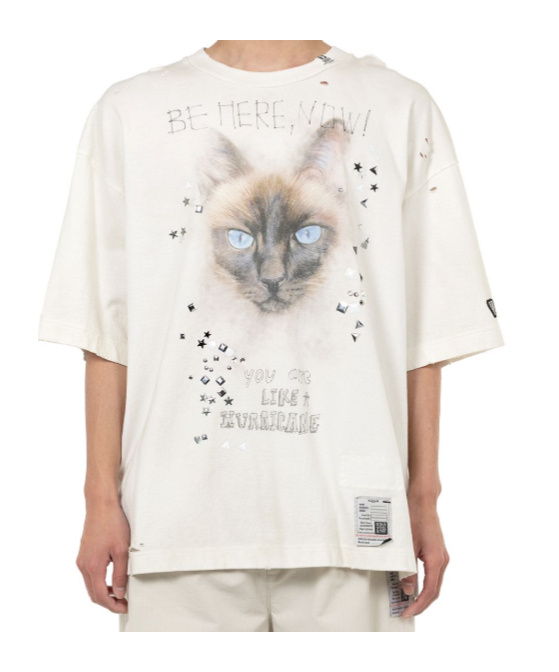 Miharayasuhiro Cat-print Distressed T-shirt In White