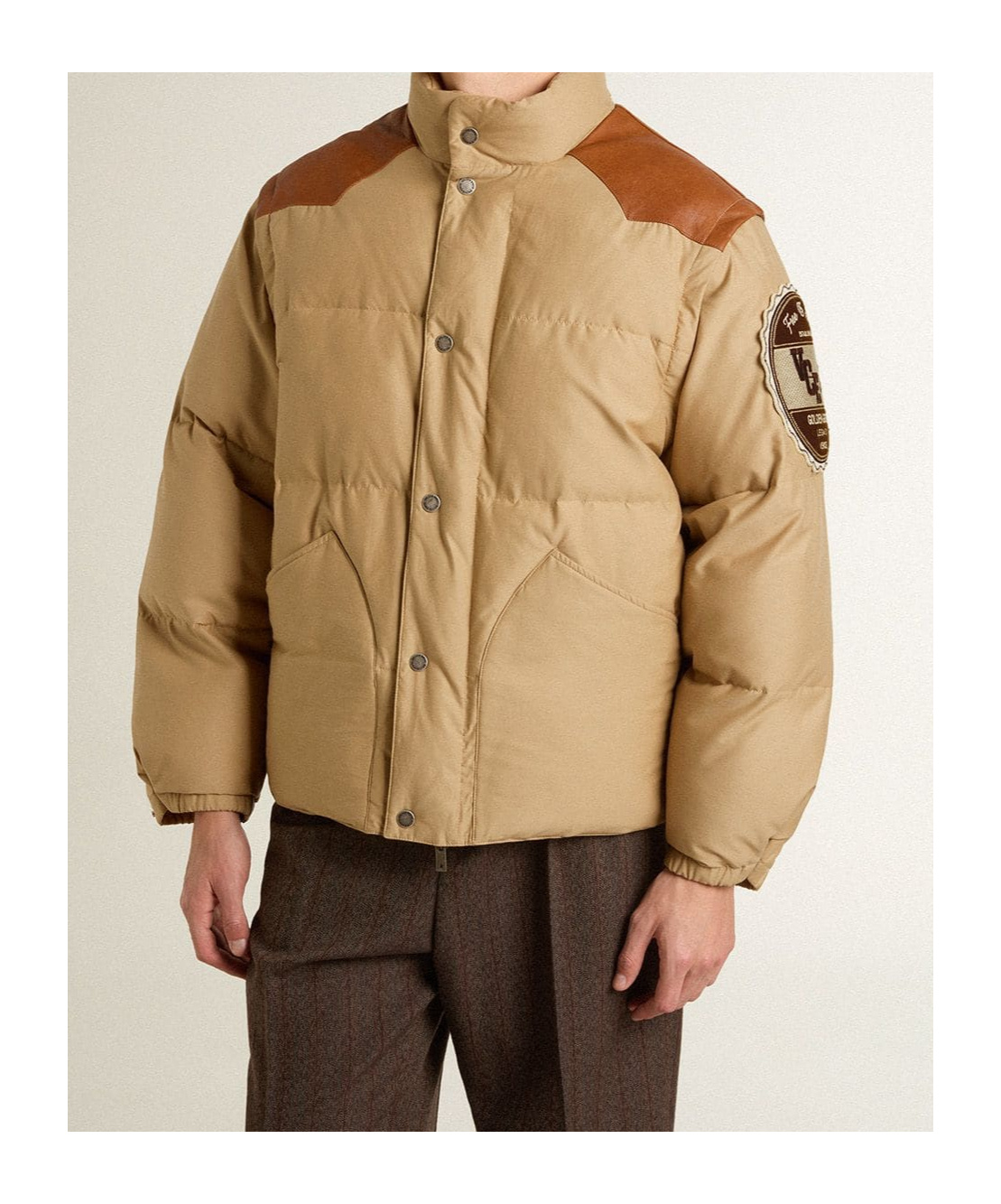 Golden Goose Beige Bomber Jacket With Leather And Patch Details In Brown