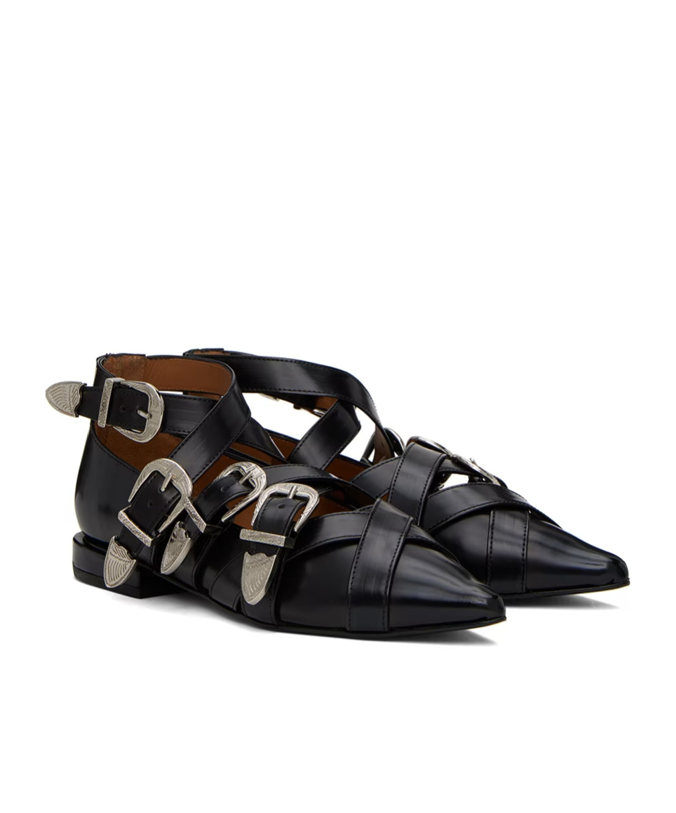 Toga Wound Pin Buckle Ankle Strap Flat Sole Shoes In Black