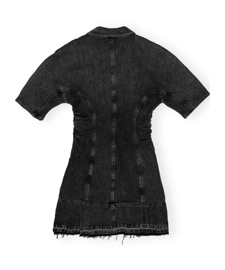 Ganni Ruched Side Fitted Dress With Short Sleeves In Black