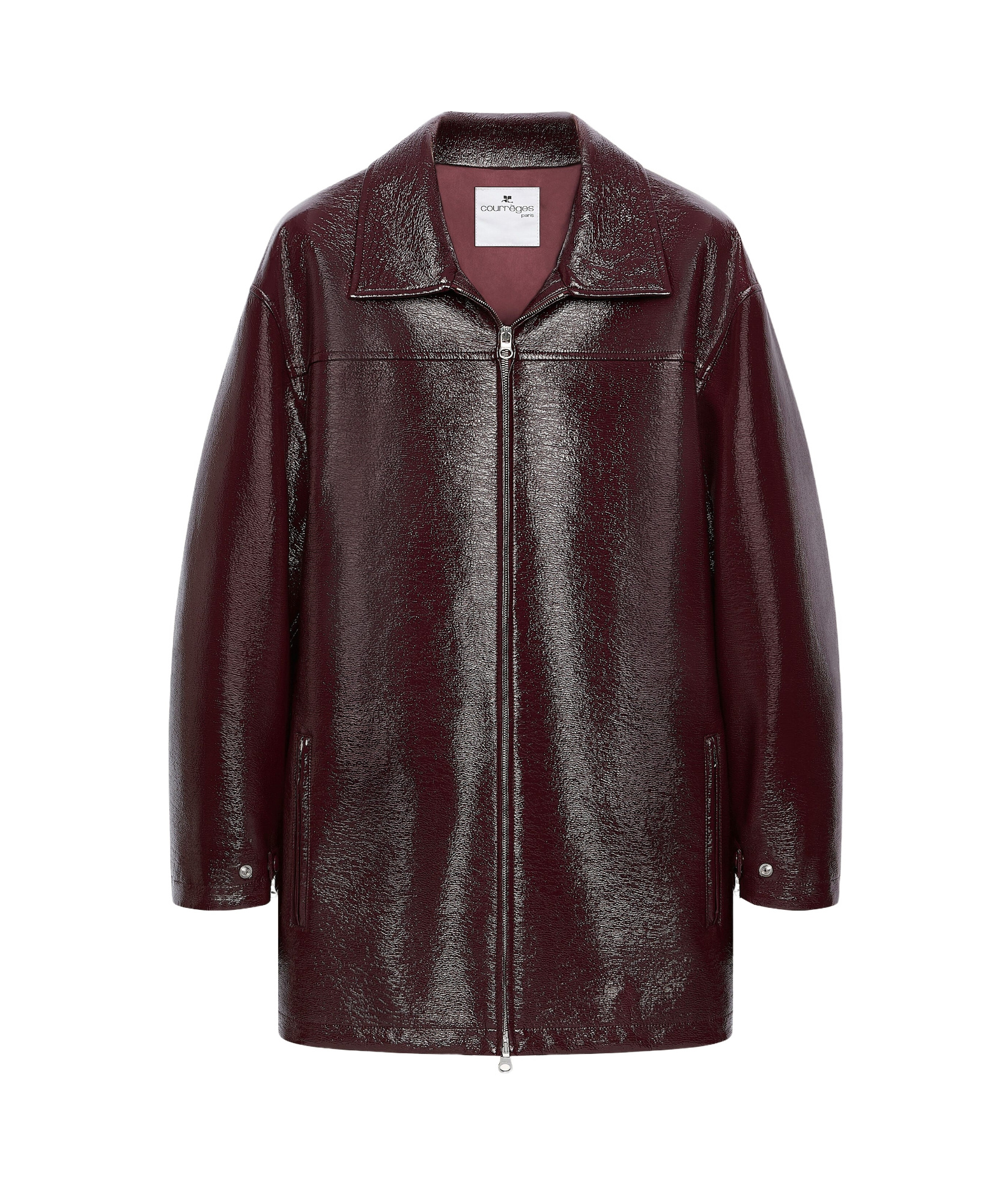 Courrèges Shiny Bomber Jacket Belted Waist In Burgundy
