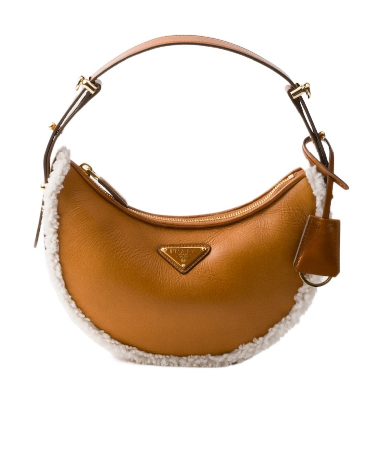 Prada Small Shearling Shoulder Bag In Brown
