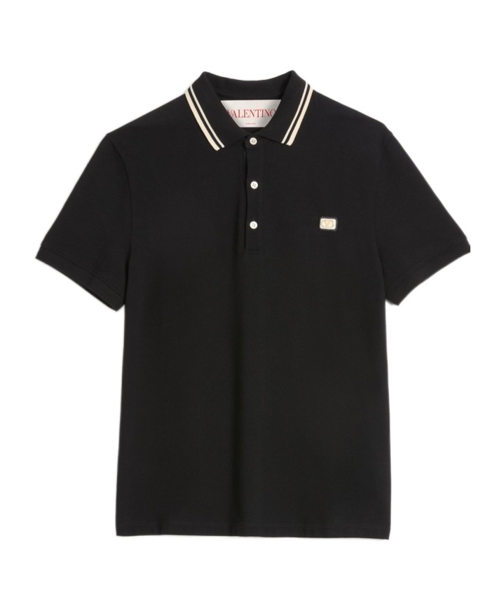 Valentino Garavani Black Polo Shirt With Classic Bicolor Collar And Logo Patch On The Front In Cotto In Black