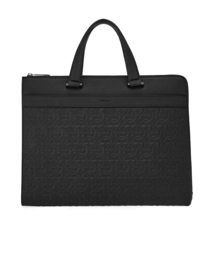Ferragamo Black Monogram Embossed Leather Briefcase In Black