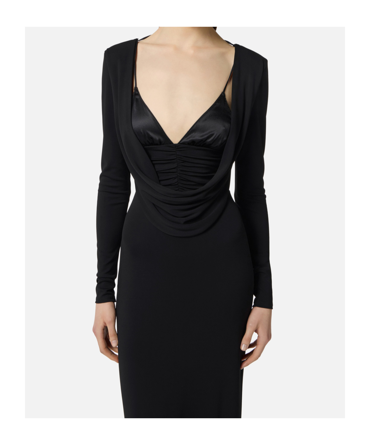 Elisabetta Franchi Draped Black Maxi Dress With Deep Neckline In Black