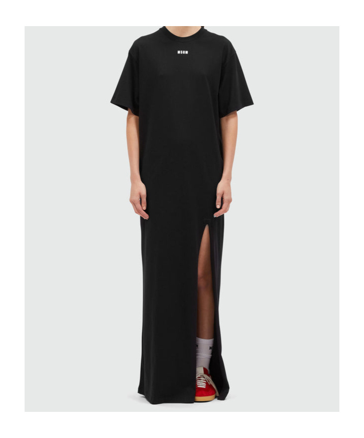 Msgm Logo Printed Side-slit Maxi Dress In Black