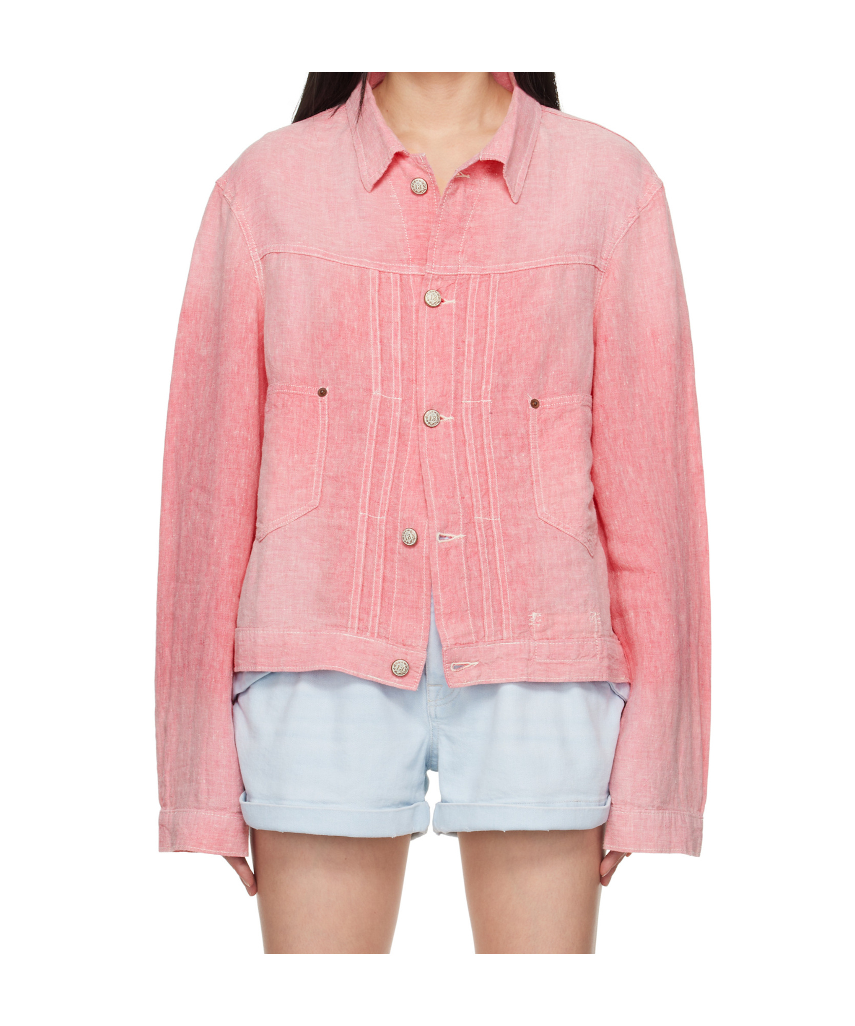 R13 Long Sleeve Casual Jacket In Coral Linen Chambray