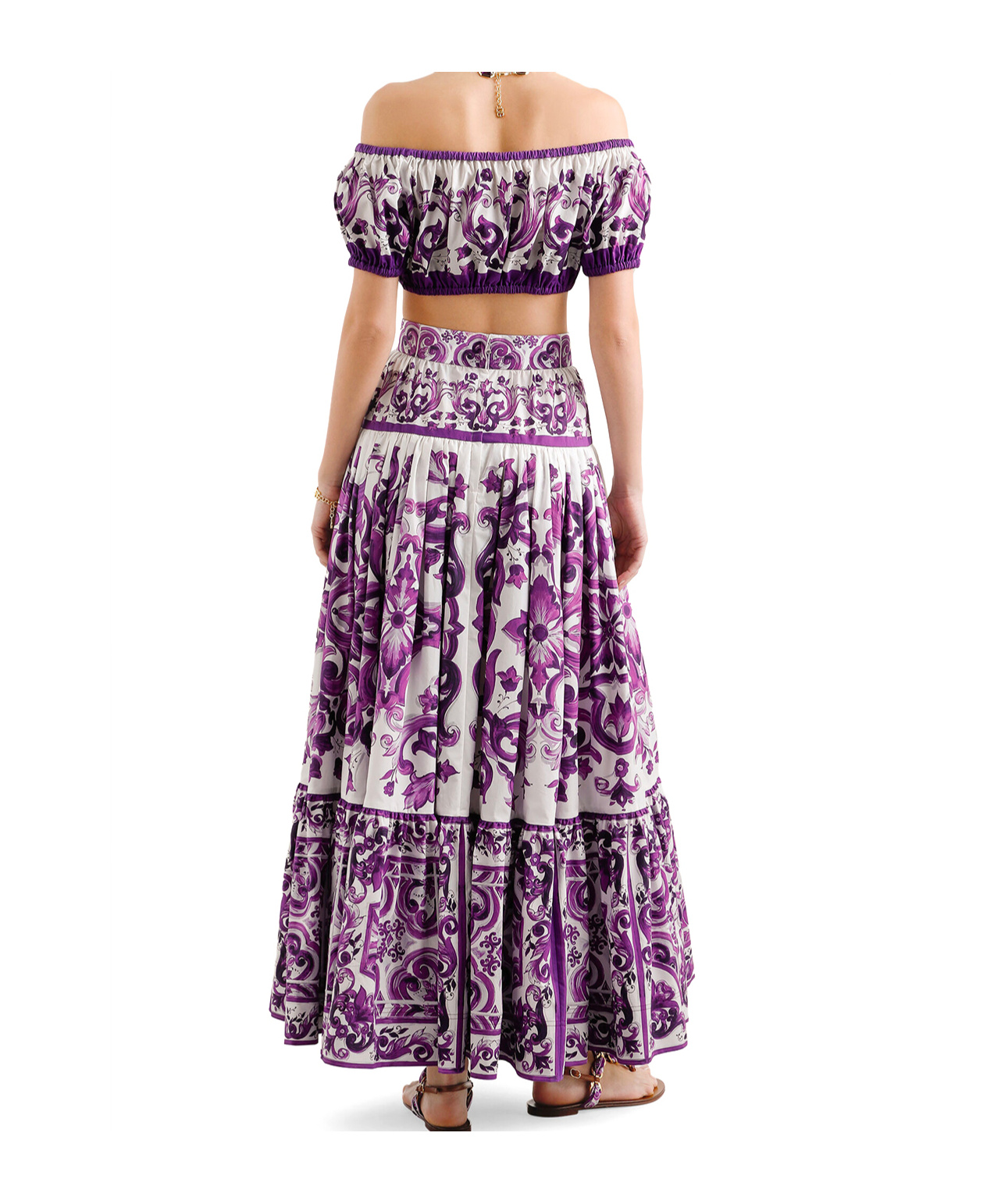 Dolce & Gabbana Violet Long Skirt With Ruffle Hem And All-over Floral Motif In Cotton Woman