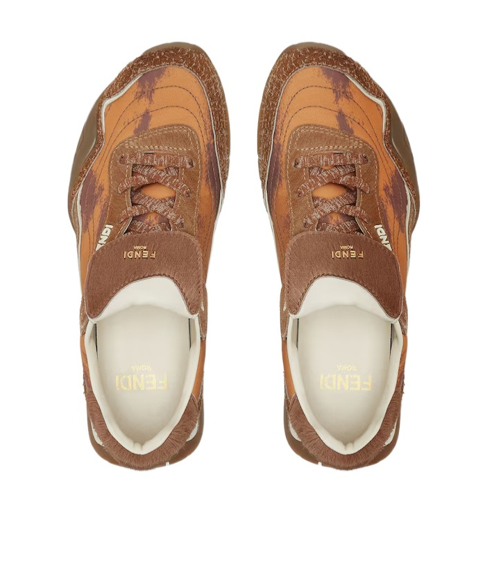 Fendi Orange Fabric And Brown Cavallino Calfskin Low-tops In Brown