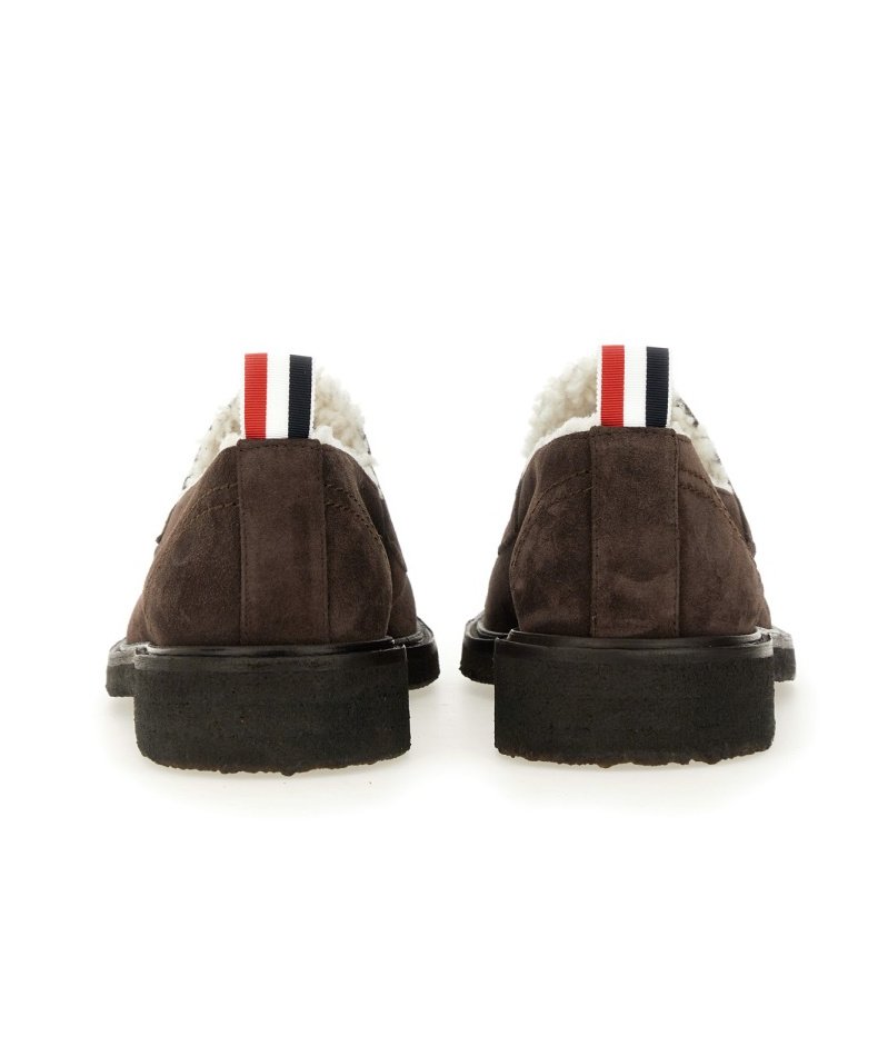 Thom Browne Dark Brown Suede Loafers With Shearling Lining And Tricolor Detail In Black