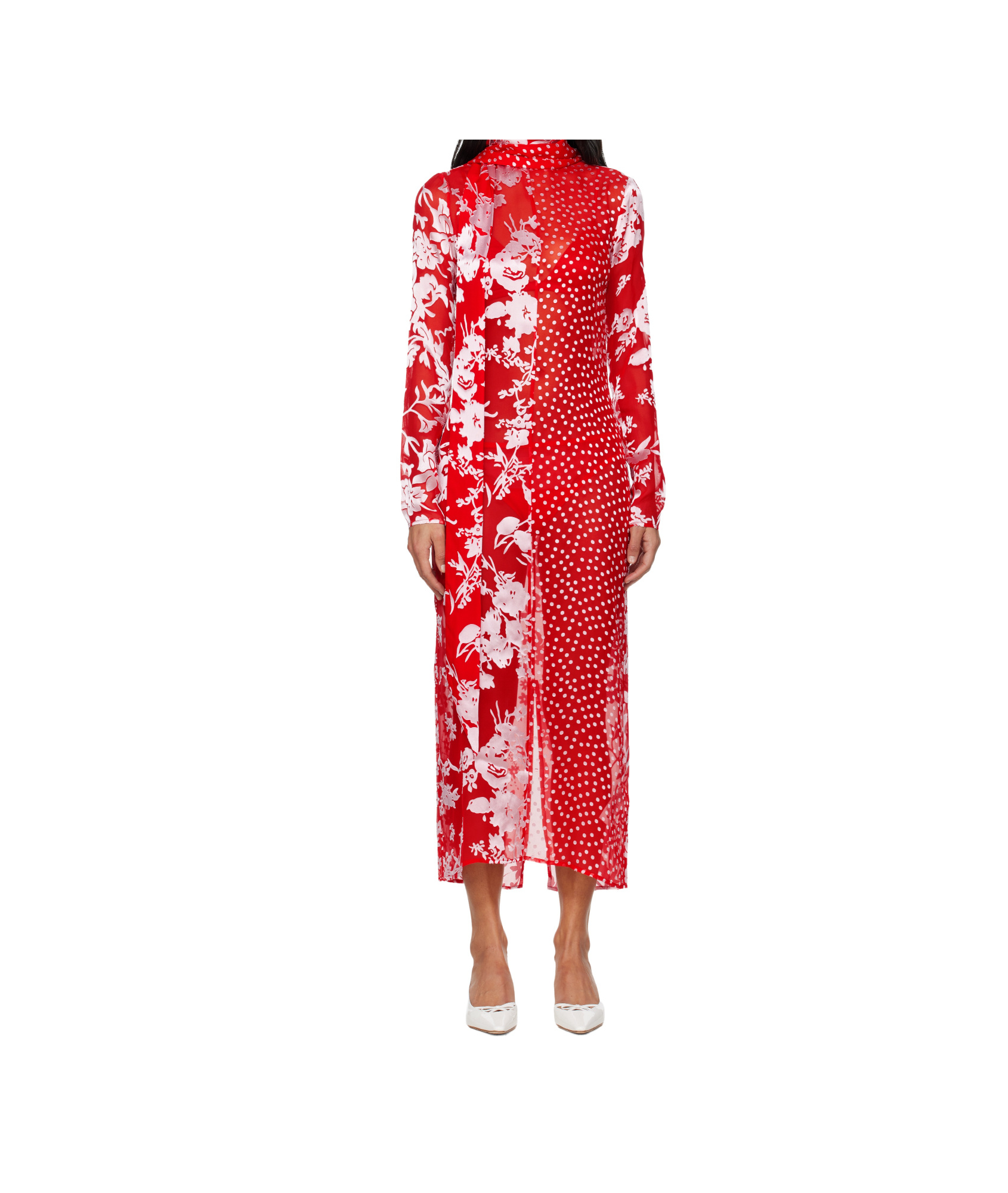 Marine Serre Red Regenerated Raso Silk Scarves Ls Maxi Dress In Red