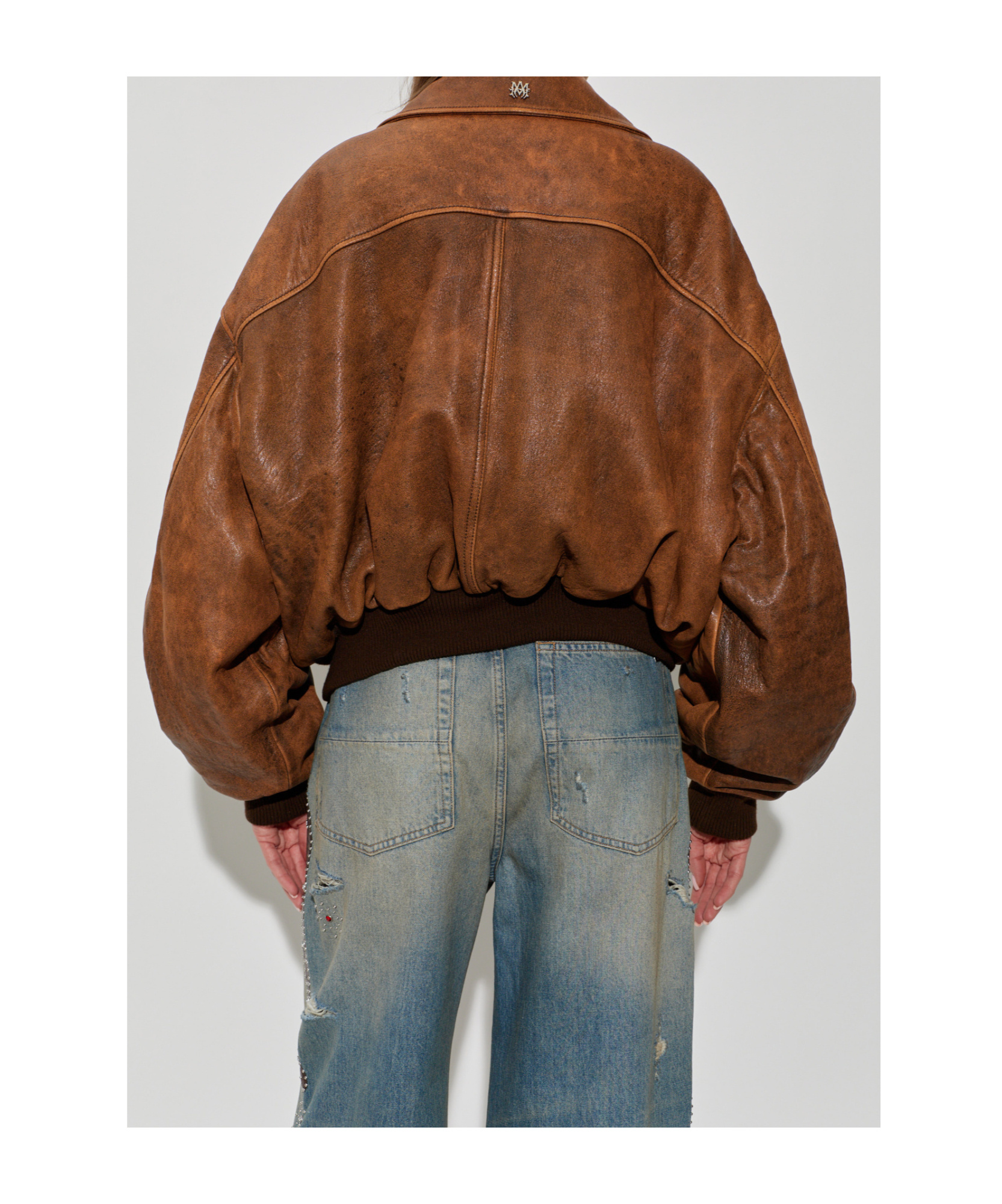Amiri Tan Faded Leather Bomber Jacket In Brown