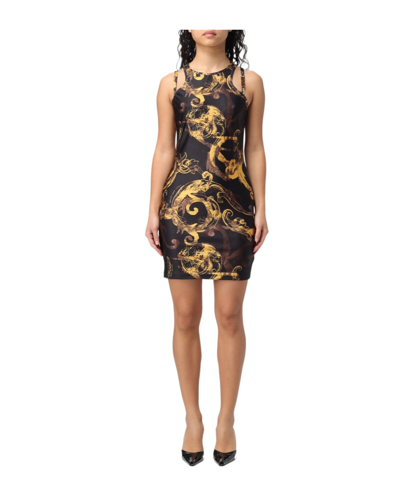 Versace Jeans Watercolour Couture-print Midi Dress In Multicolor