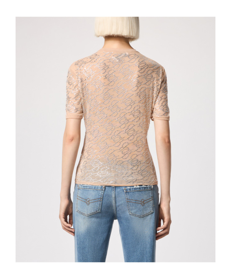 Blumarine Water Drill Embroidered Tulle T-shirt In Nude