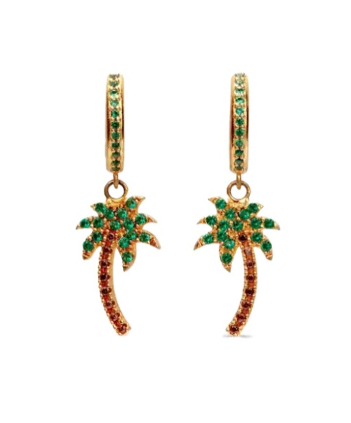 Palm Angels Hoop Earrings With Rhinestones And Palm Shaped Pendant In Yellow