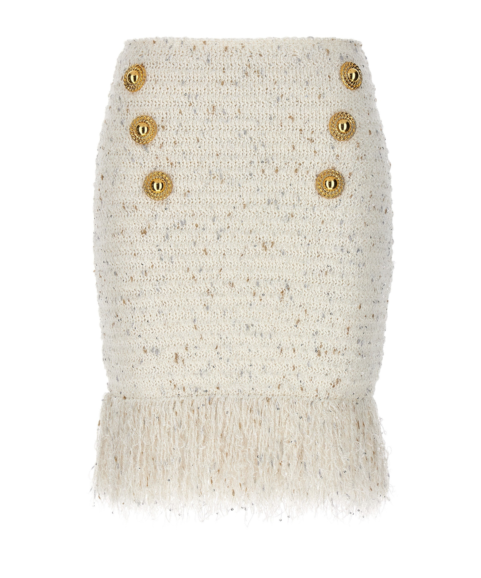 Balmain Tweed Skirt With Fringed Hem And Gold-tone Buttons In Nude