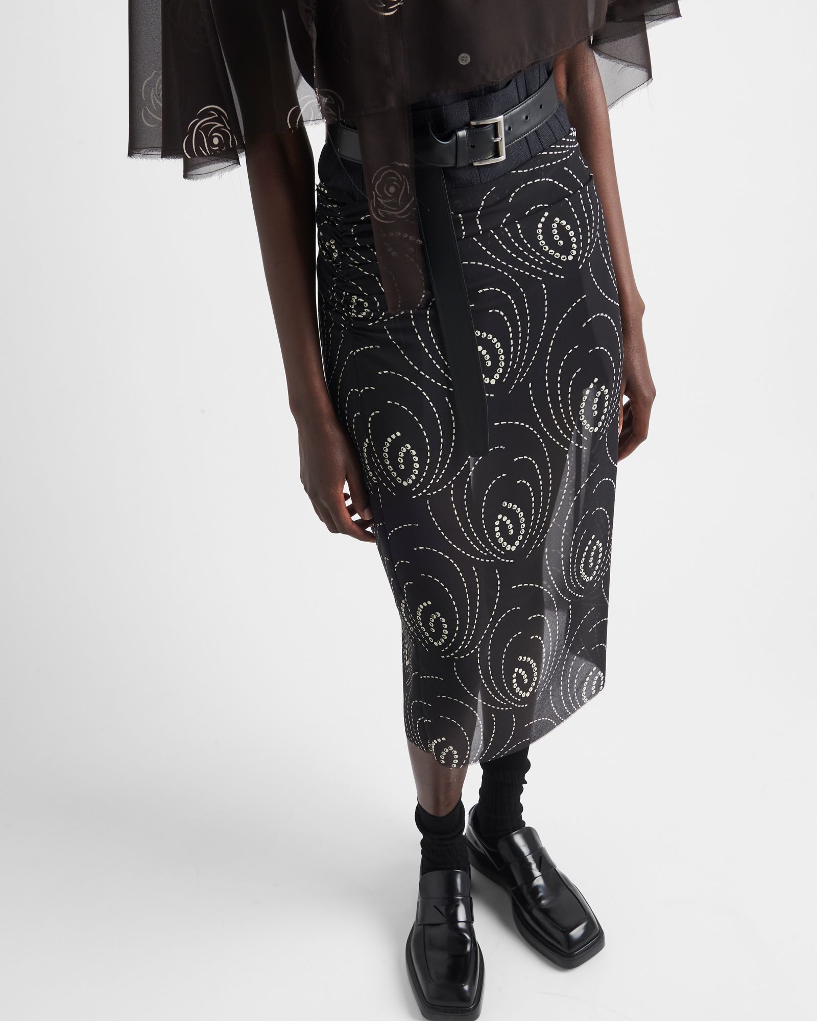 Shop Prada Printed Georgette Skirt In Black