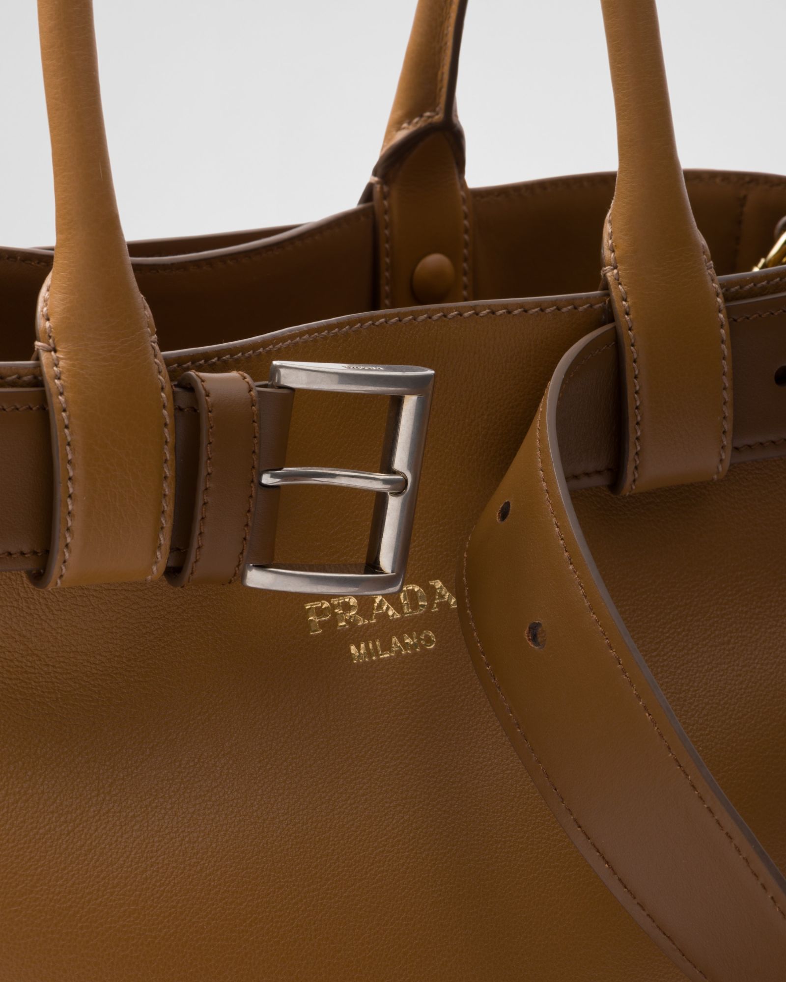 Prada Buckle Large Leather Handbag With Belt In Brown