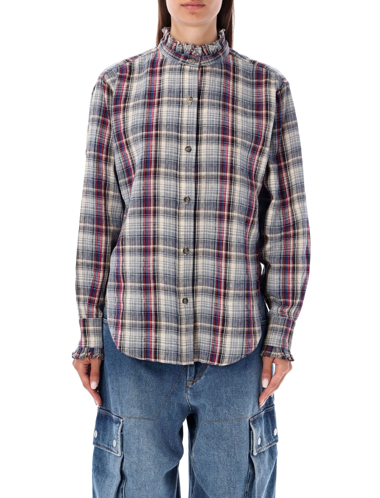 Isabel Marant Frilled-collar Plaid Shirt In Gray