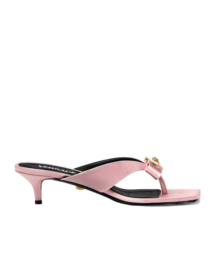 Versace Woman Pink Satin Gianni Ribbon Thong Mules In Pink