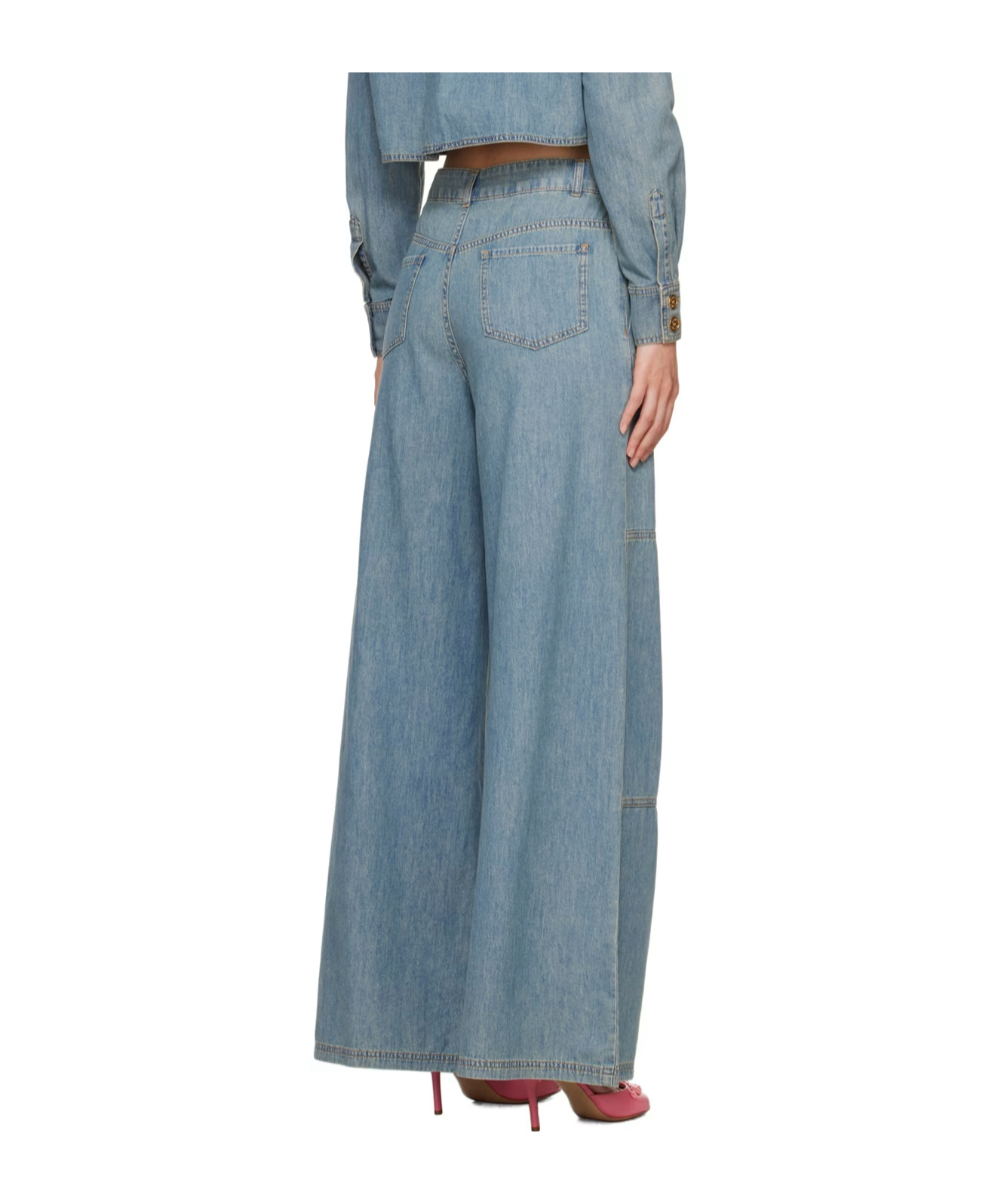 Moschino Wide Leg Sewing Detail Denim Trousers In Gray