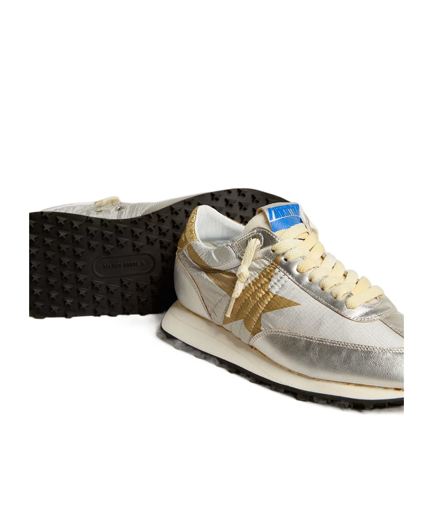 Golden Goose Marathon Sneakers With Silver Ripstop Nylon Upper And Gold Star Shoes In White