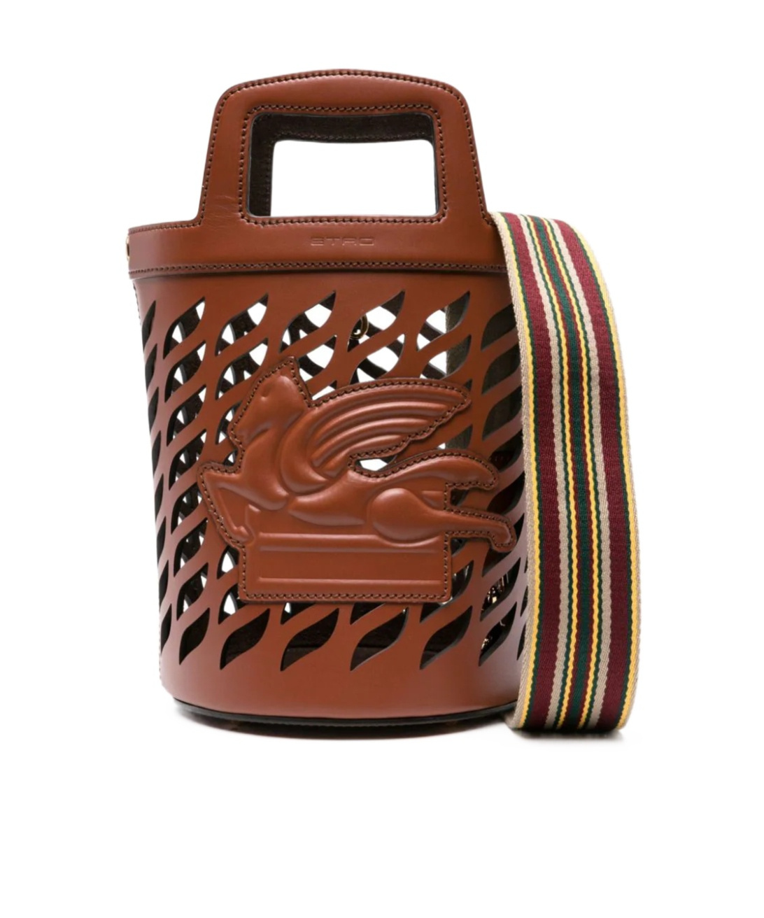 Etro Brown Bucket Bag With Multicolor Shoulder Strap And Pegasus Detail In Perforated Leather In Brown