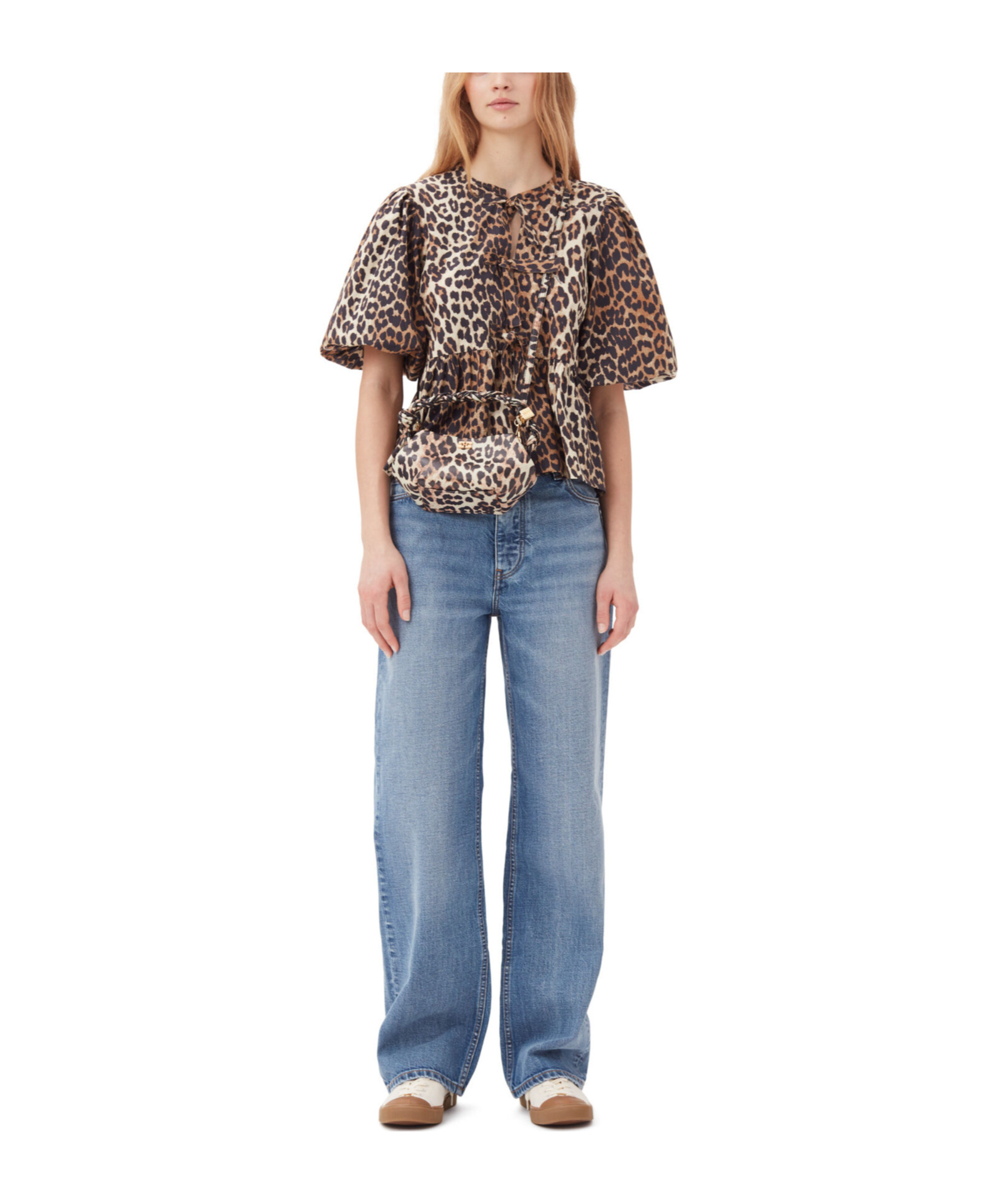 Ganni Women Leopard Cotton Poplin Peplum Tie Blouse In Animal Print