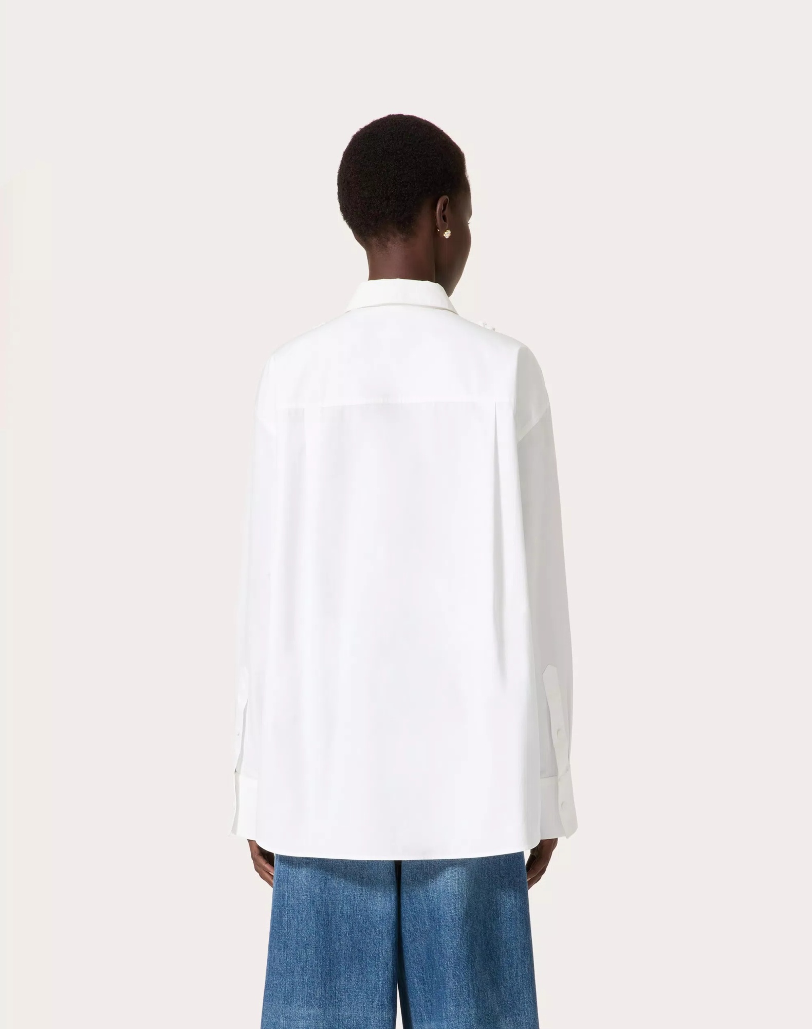 Valentino Poplin Floral Button-front Shirt With Lasercut Bib In White