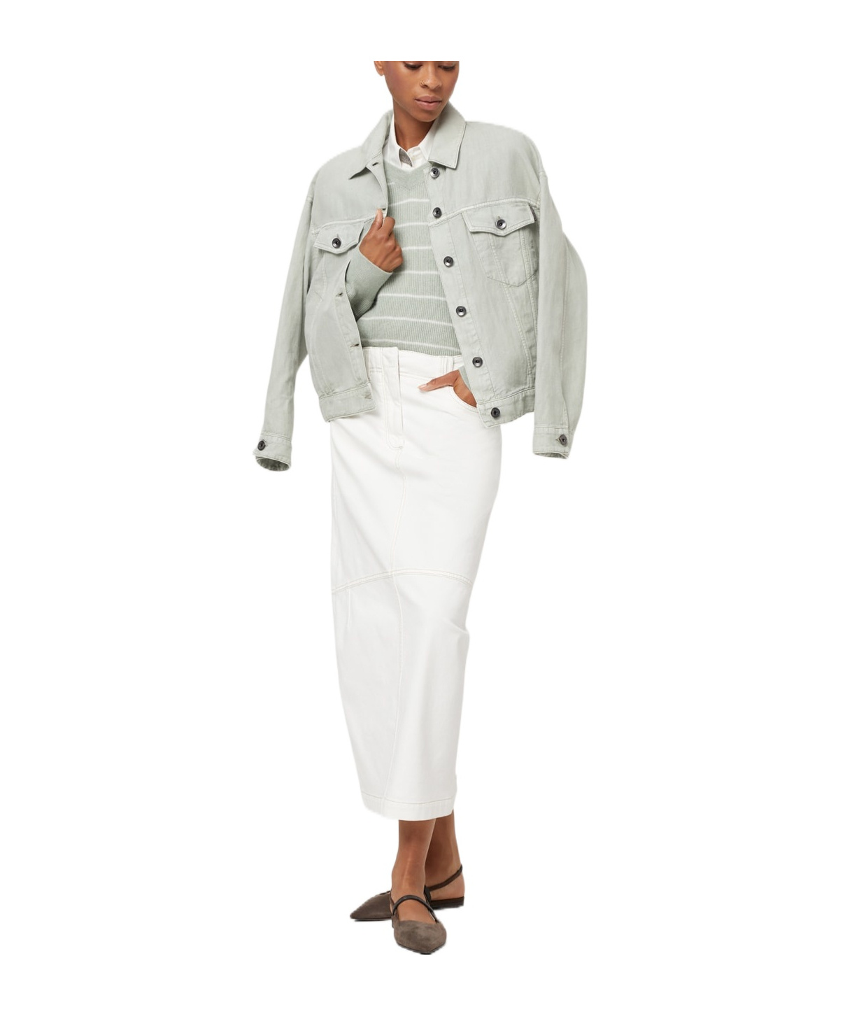 Brunello Cucinelli High-waisted Denim Midi Skirt In White
