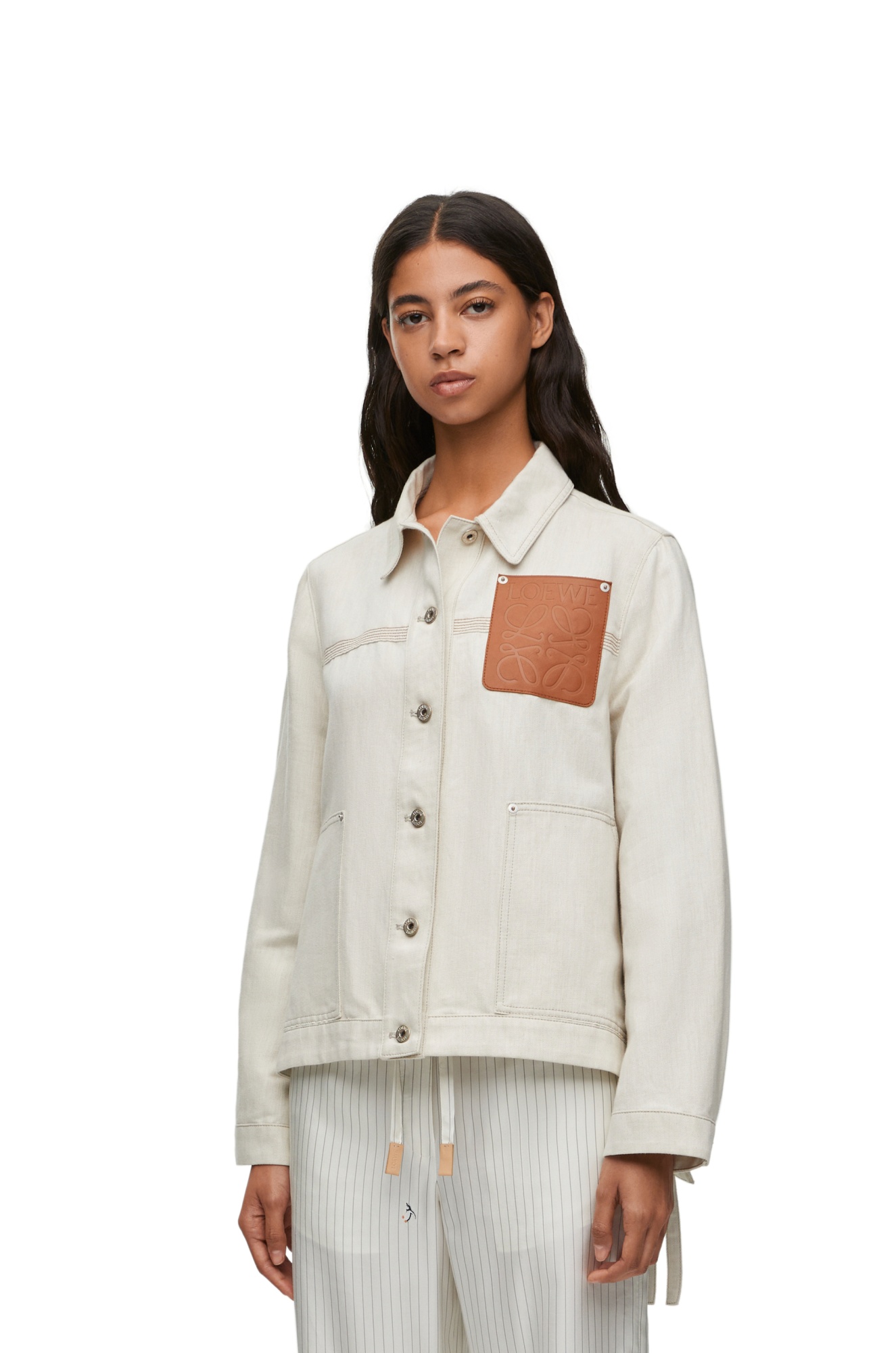 Loewe Asymmetric Leather-trimmed Cotton And Linen-blend Drill Jacket In White