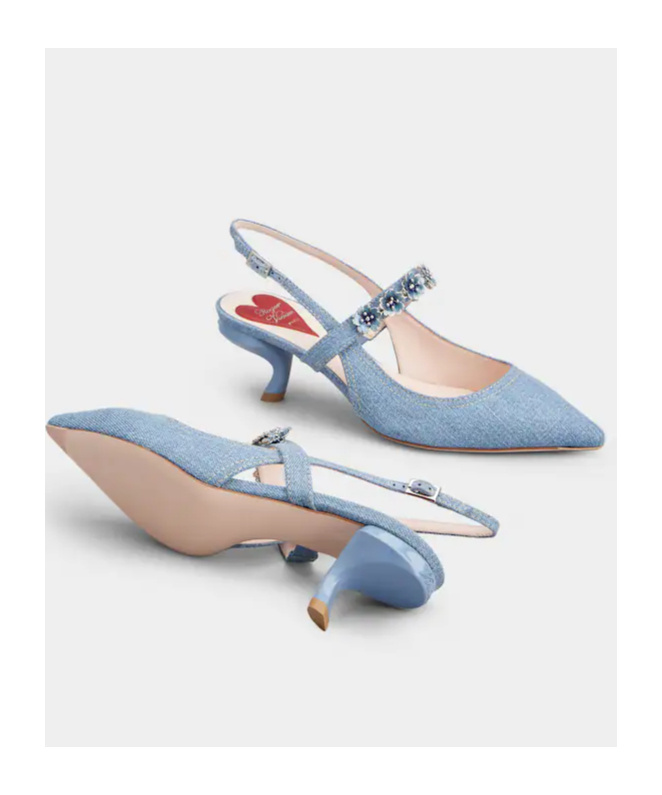Shop Roger Vivier Virgule Flower Slingback Pumps In Denim In Blue