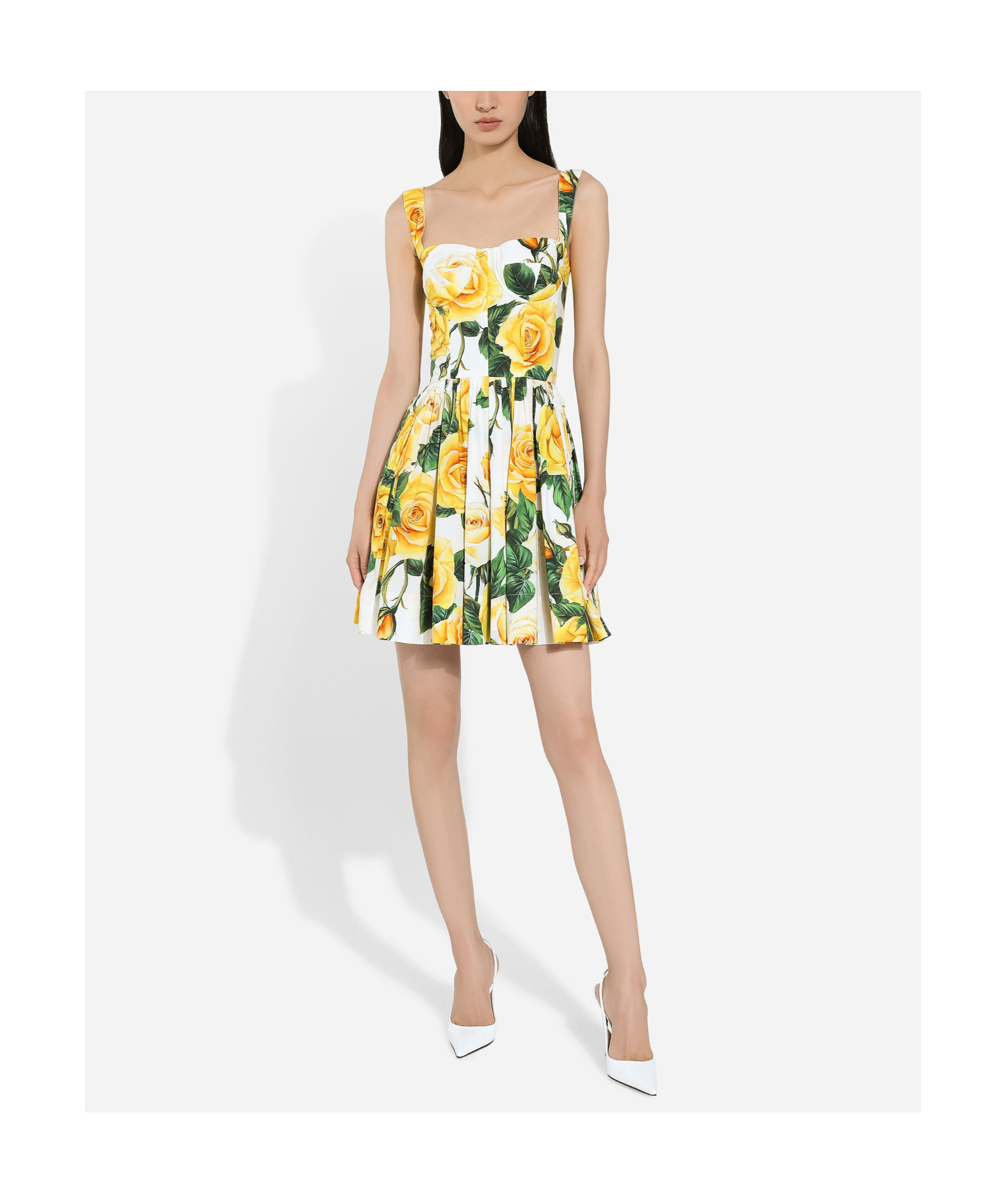 Dolce & Gabbana Rose Print Pleated Poplin Mini Dress In Multicolor