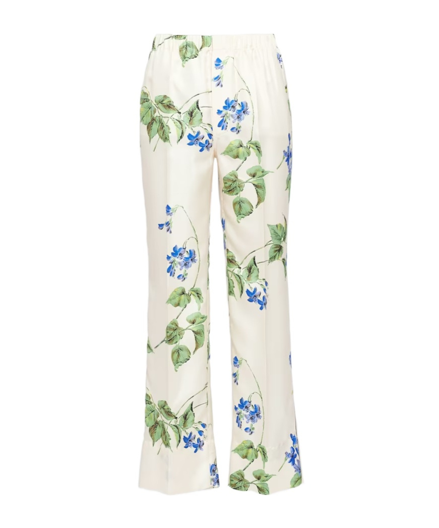 Prada Floral Print Twill Pants In White
