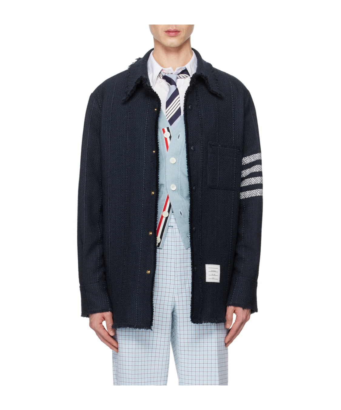 Thom Browne Navy Blue Shirt With Contrasting 4-bar Detail In Black